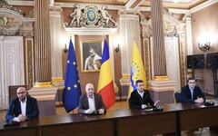 Veres Attila Csaba, Lazăr Faur, Călin Bibarț és Sergiu Vlad a sajtótájékoztatón | Fotó: a polgármesteri hivatal sajtóosztálya